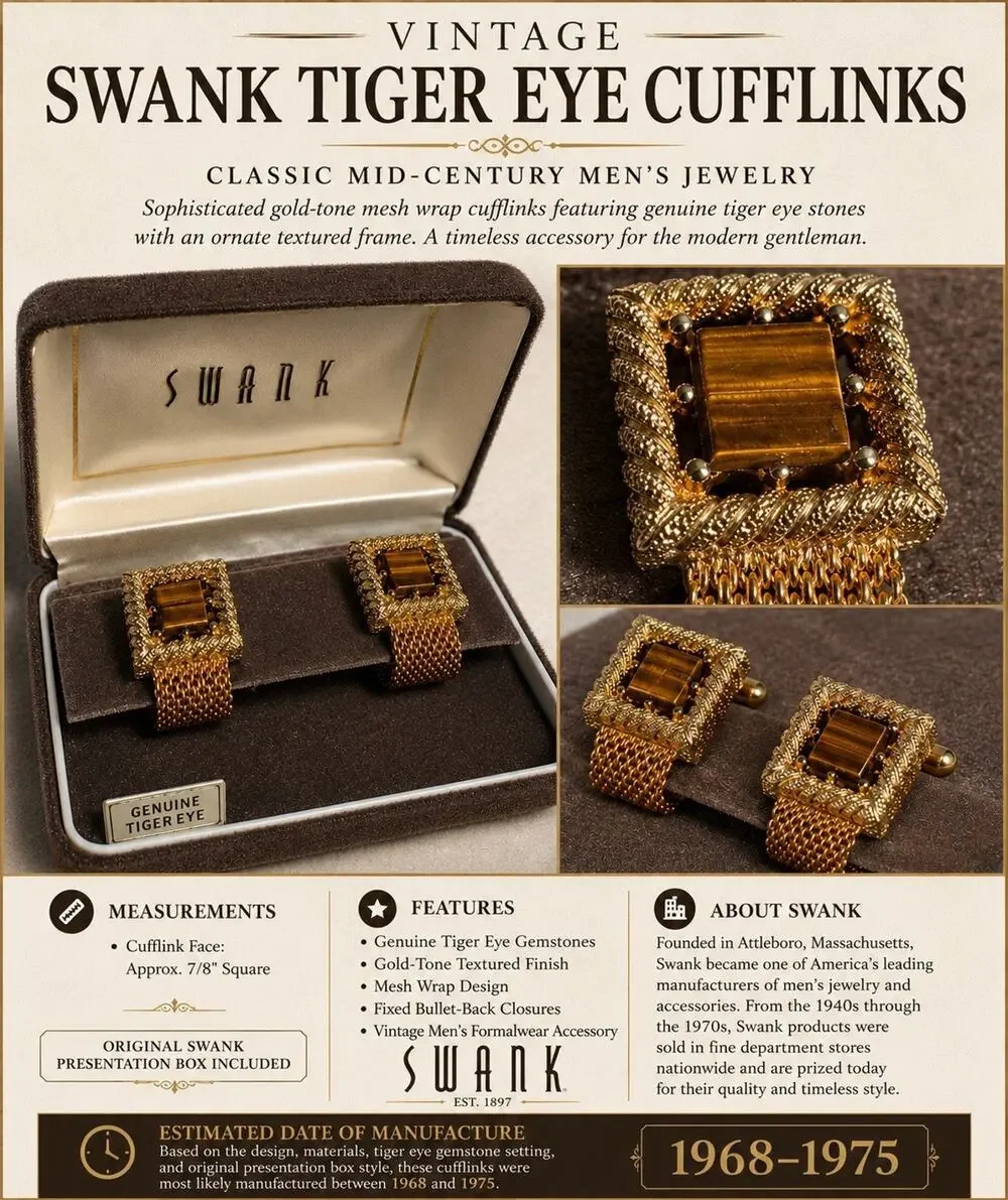 Vintage MCM SWANK Square Oval Tigers Eye Cufflink Set Gold Tone Original Box